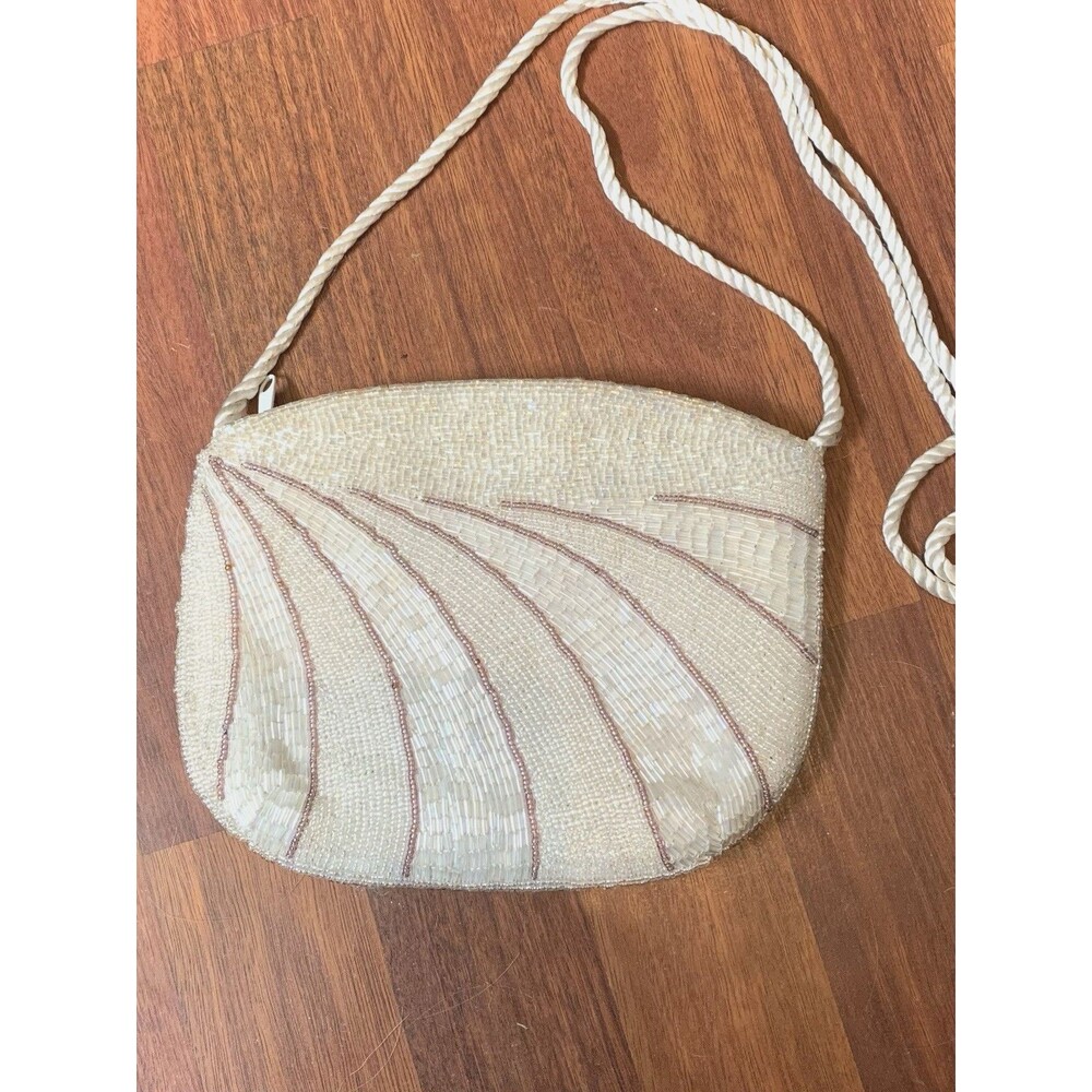Ivory/Brown Beaded Evening Bag Purse with Twisted Rope Strap and Zipper Closure